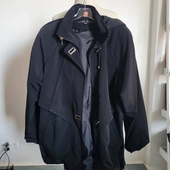 Fleet Street Black Trench Coat M, Drawstring Waist, Detachable Hood, Fall Office - Picture 7 of 14